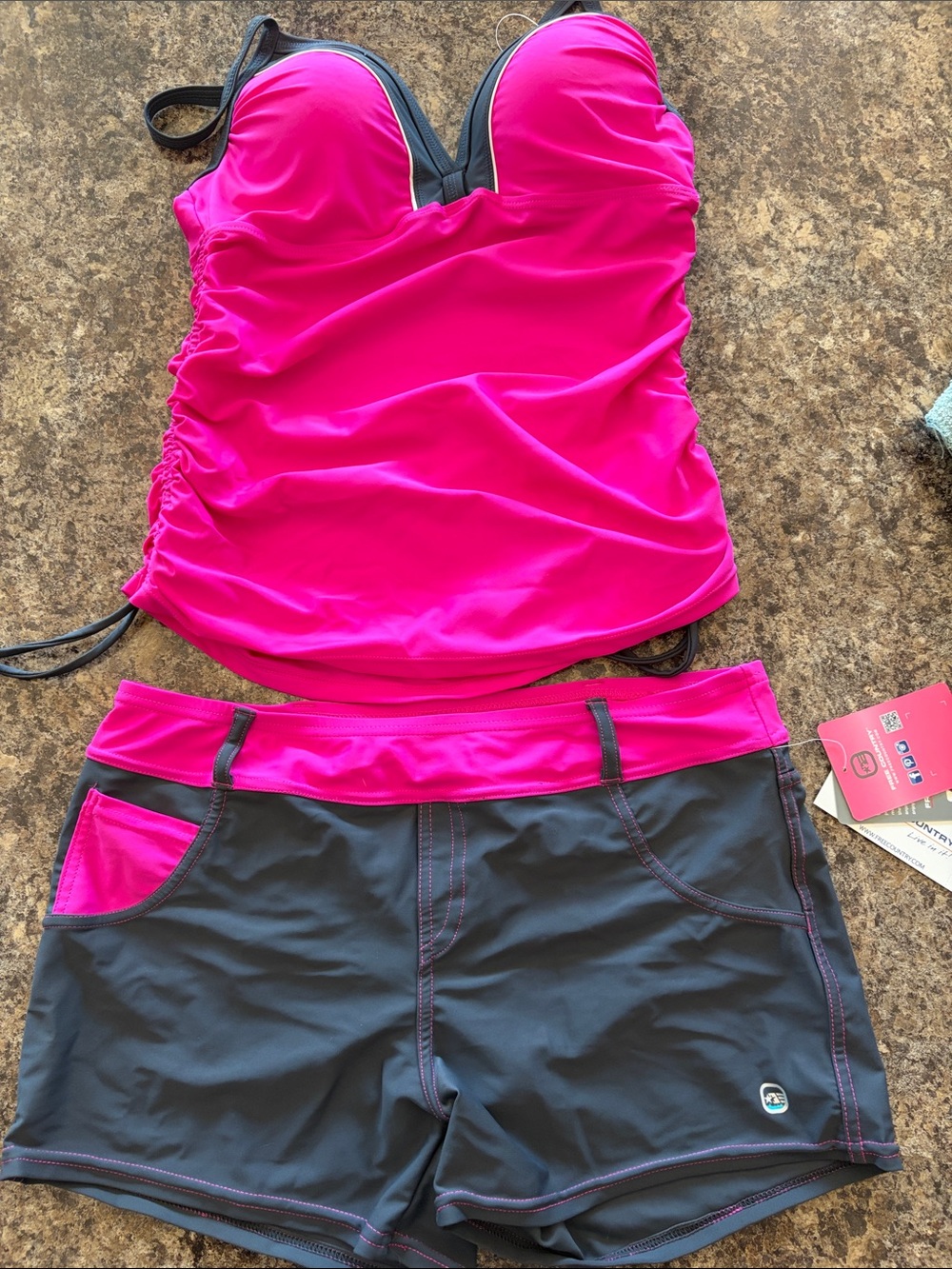 Free Country Hot Pink and Charcoal Tankini with Sporty Shorts